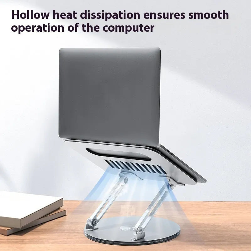 Silver aluminium laptop stand folded flat showing rotatable mechanism