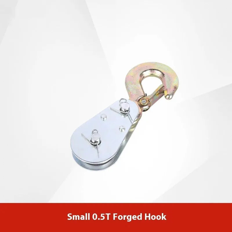 Red industrial lifting pulley with safety latch and forged steel construction