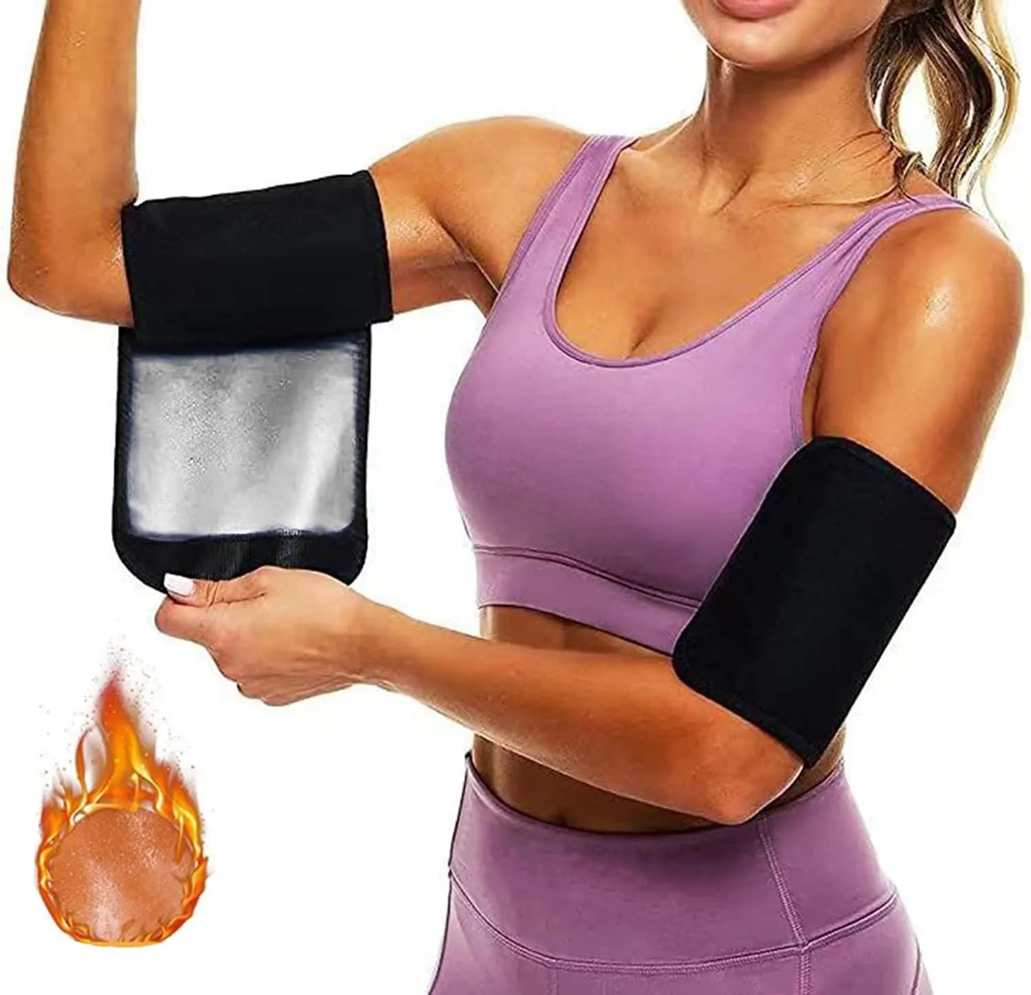 Adjustable arm sweatband with hook-and-loop strap in blue, shown on an arm during exercise.