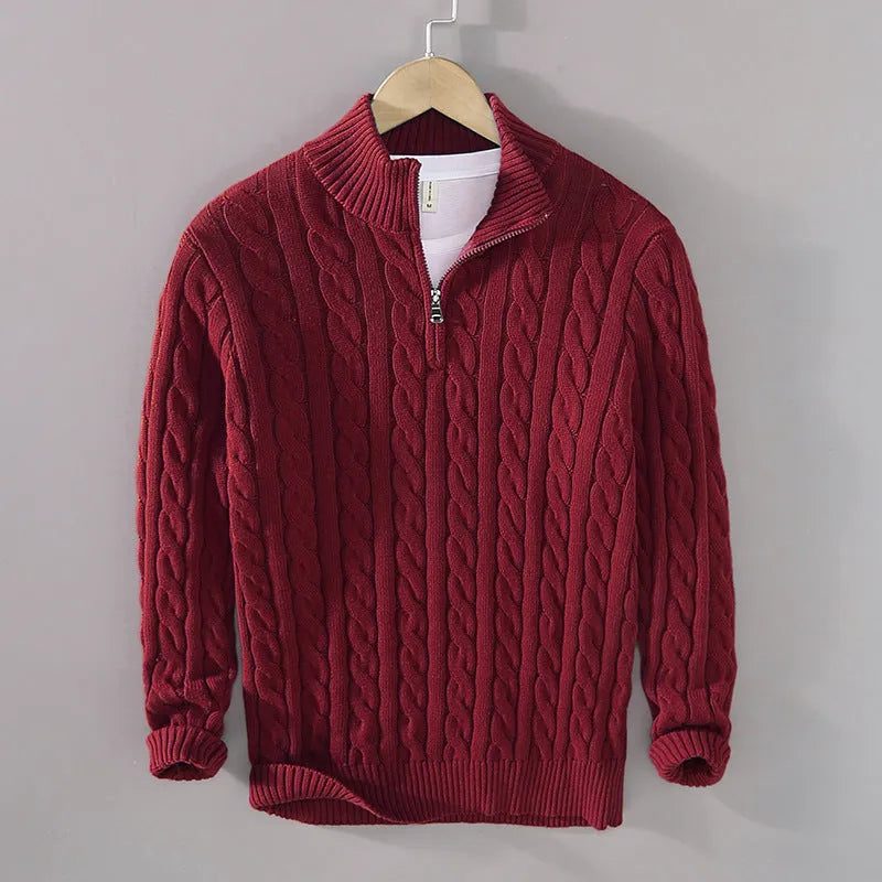 Men's loose fit zip pullover cotton knit sweater in wine red, grey, dark blue, black, apricot, denim blue, sizes S-XXXL