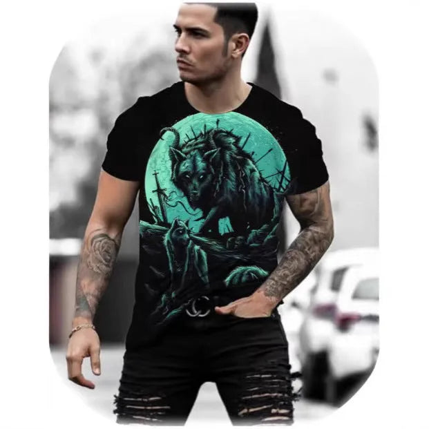 Retro 3D animal print men's short-sleeved T-shirt in lightweight polyester fabric