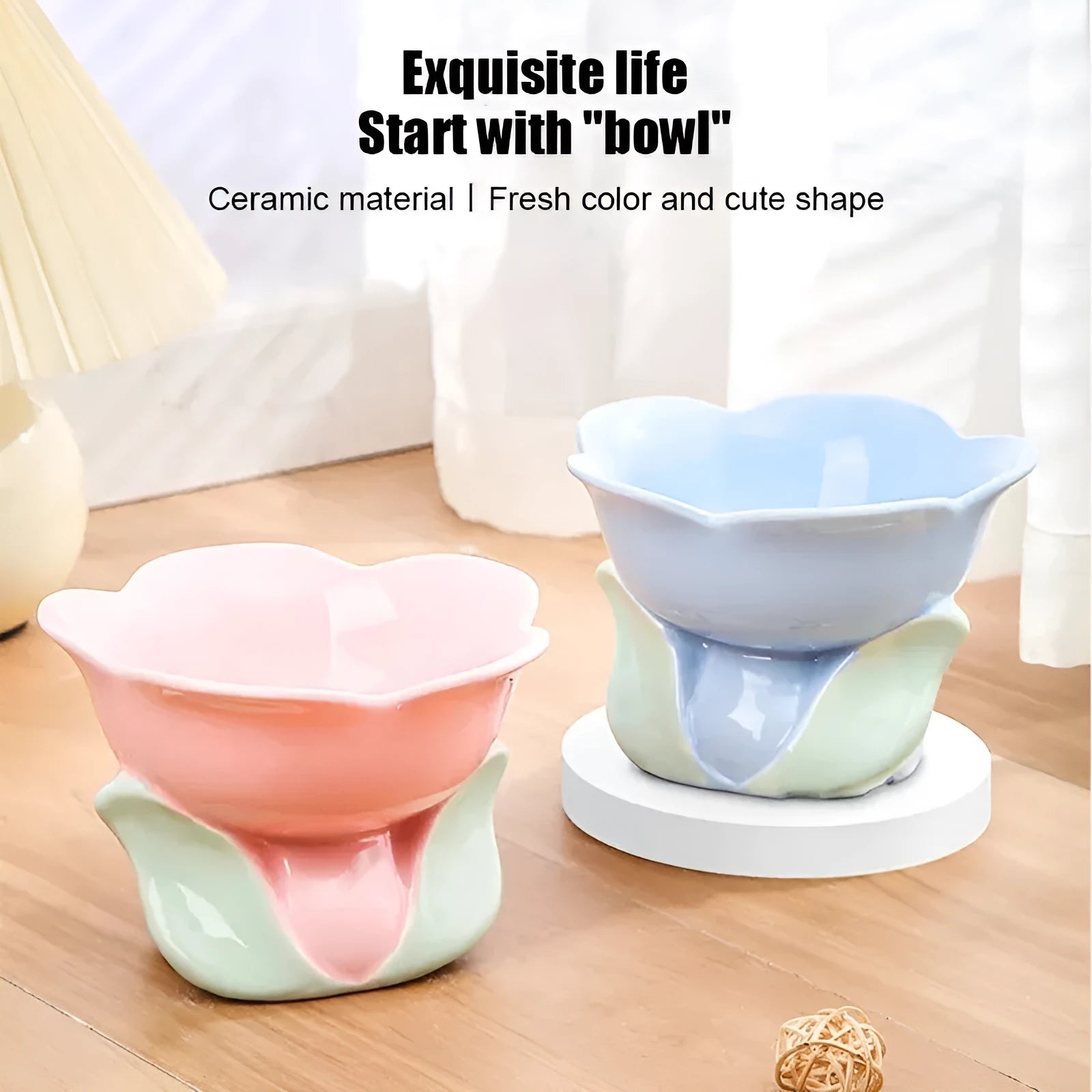 Blue ceramic pet bowl with floral pattern and elevated design for cats and small dogs