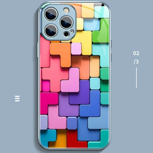 Silicone iPhone case with geometric cartoon pattern on back, shown in black glass colour option