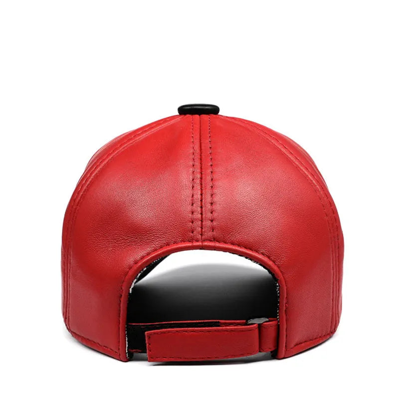 Lambskin genuine leather baseball cap, unisex adjustable one size, letter detail, blue black red options