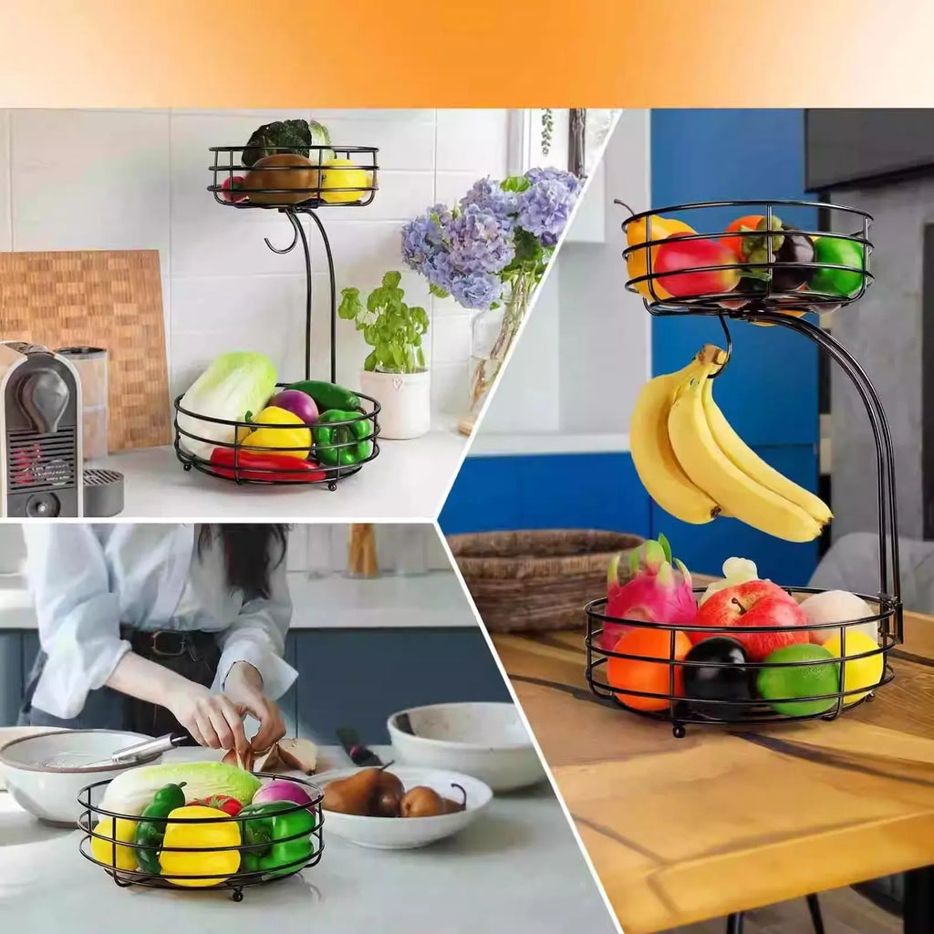 Double-layer wrought iron fruit basket in black or gold for restaurant and kitchen storage