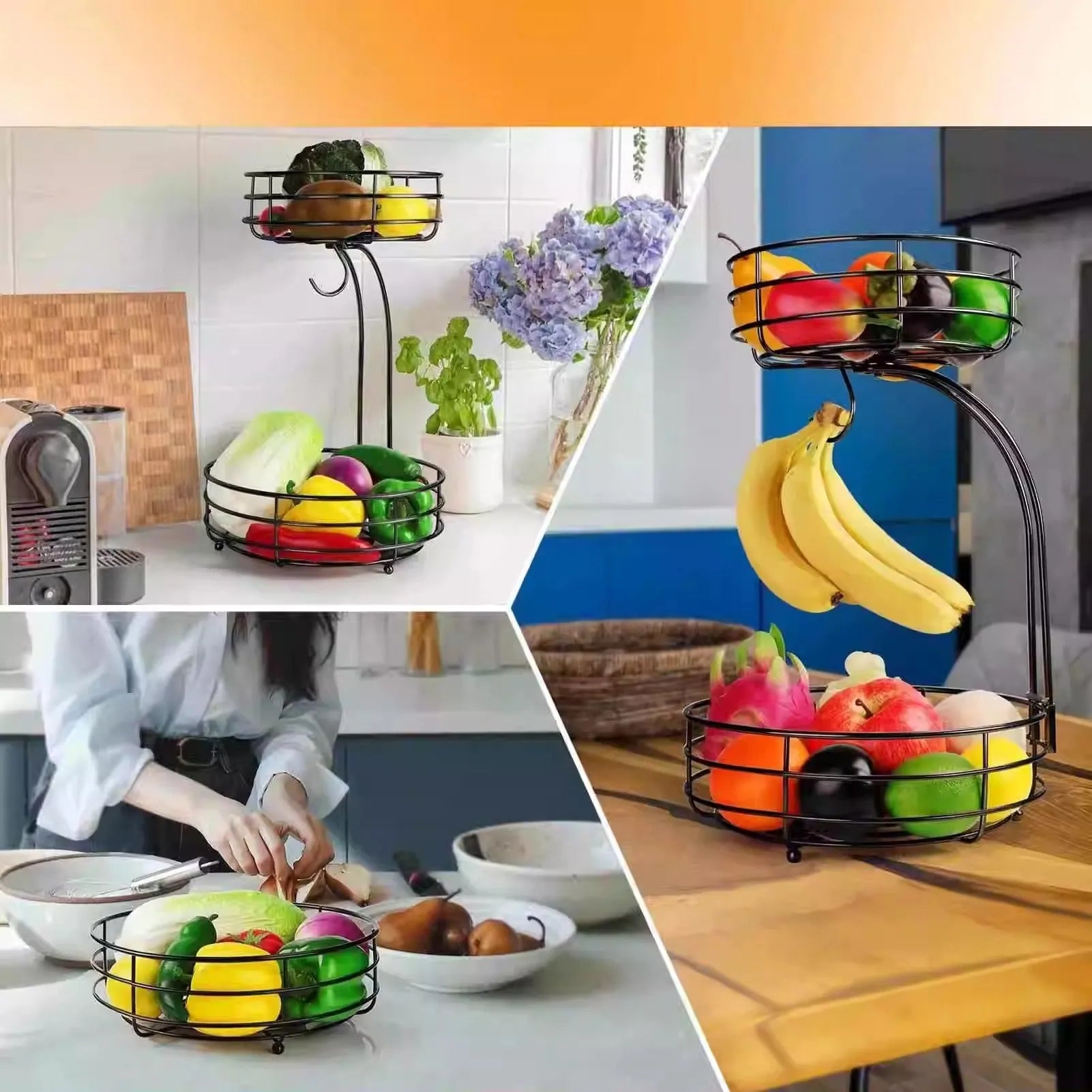 Double-layer wrought iron fruit basket in black or gold for restaurant and kitchen storage