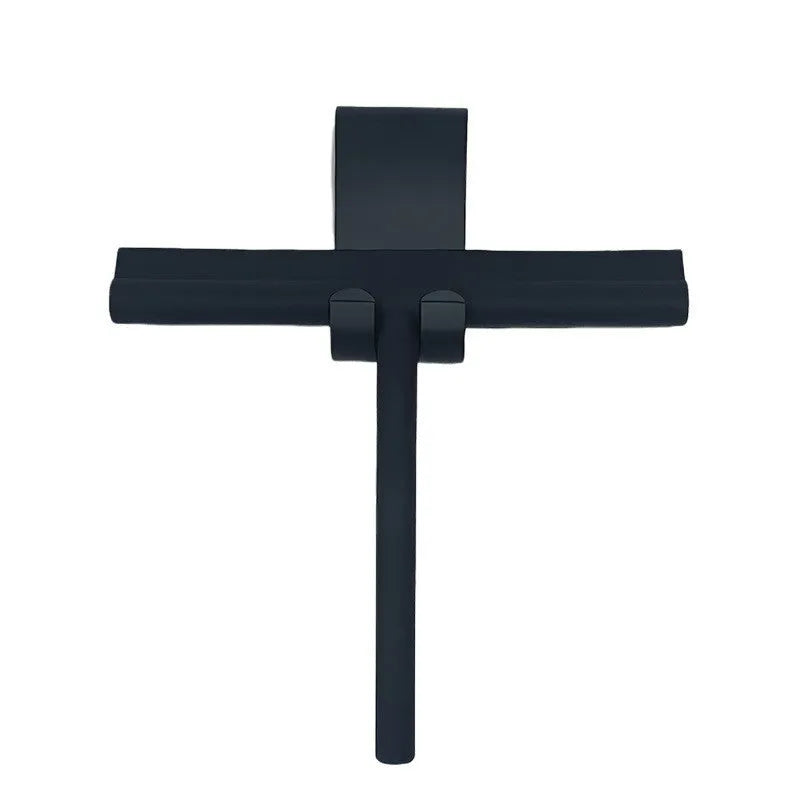 Small silicone water scraper with hook in black for cleaning bathroom tiles and glass