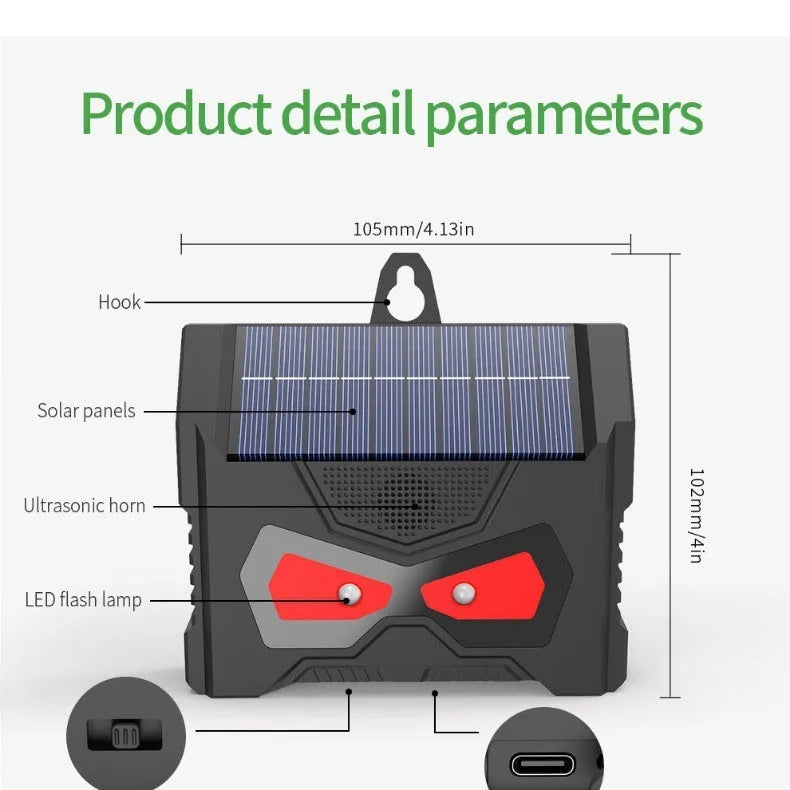Black solar ultrasonic animal repeller for outdoor garden pest control