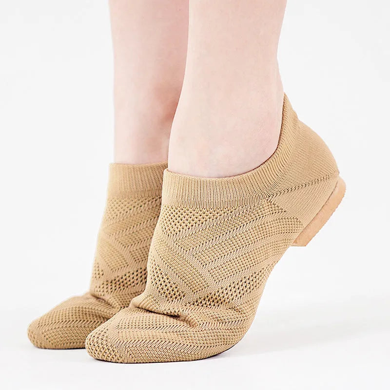 Camel coloured Latin dance shoes with cotton mesh upper and leather sole for contemporary dance and yoga