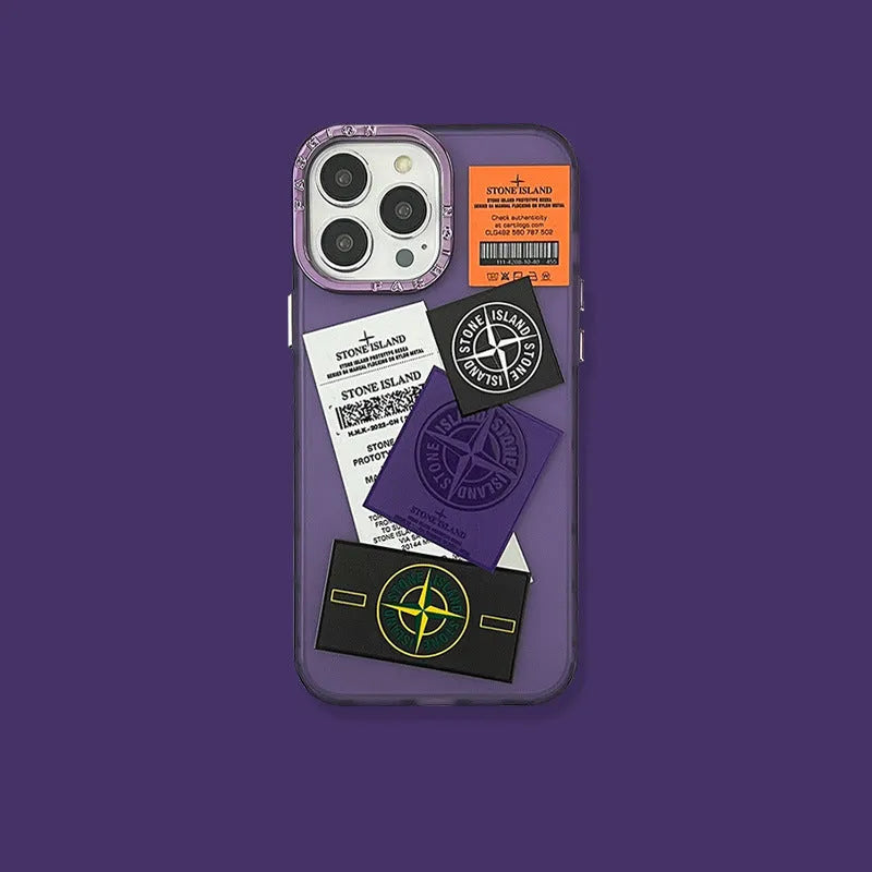 Creative Text Phone Case with hard back and soft edges, electroplated lens ring in purple stone island label, for iPhone