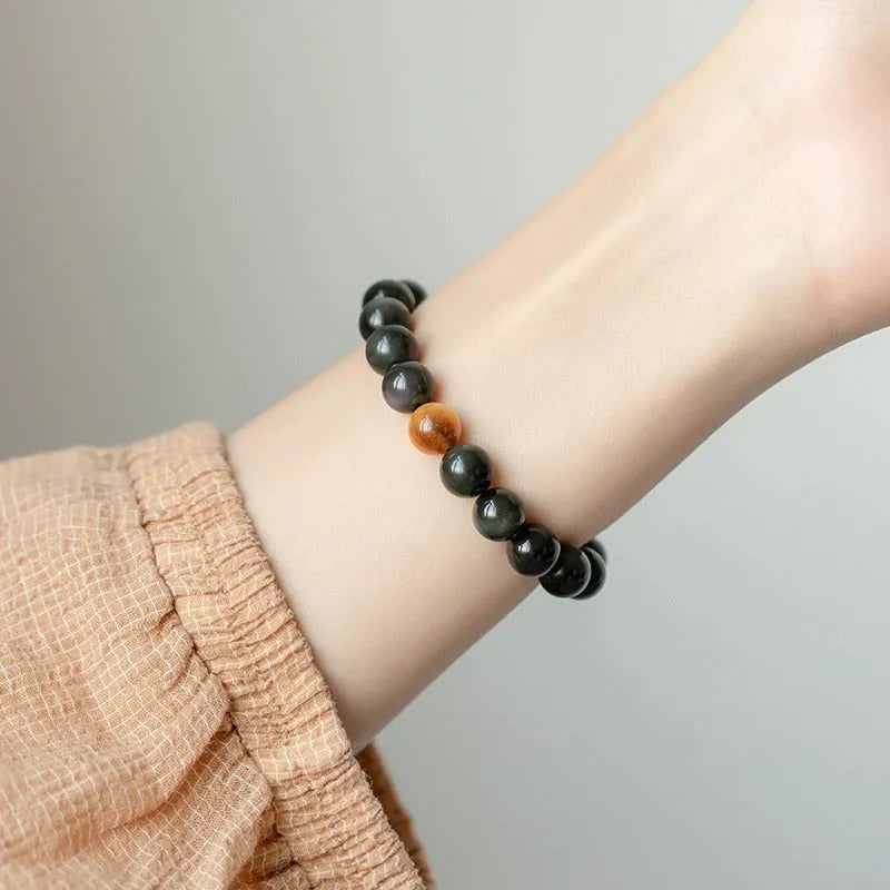 Black obsidian bracelet with 10mm geometric beads in Korean luxury style