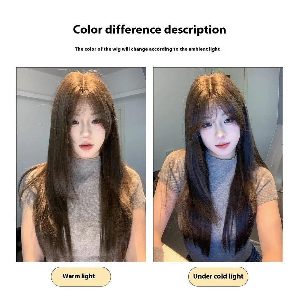 Women's layered long straight synthetic wig in cold brown colour with full-head construction
