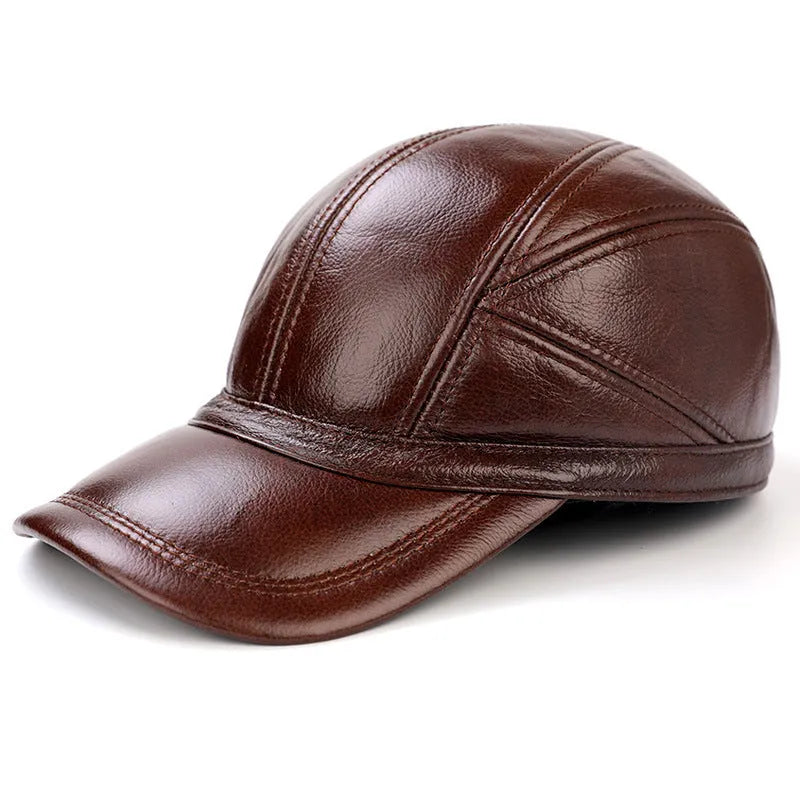 Men's cowhide leather baseball cap with flat short eaves and dome top, adjustable 56-60cm, shown in brown