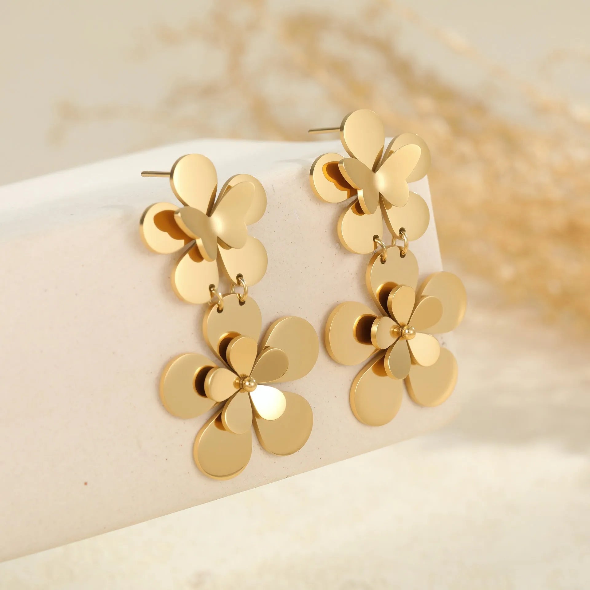 Gold flower butterfly stainless steel earrings with 18K electroplating finish