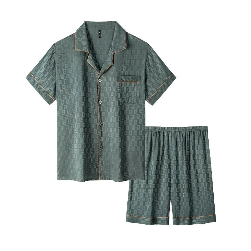 Men's ice silk pyjama cardigan set in artificial silk fabric with shorts, available in multiple satin jacquard patterns