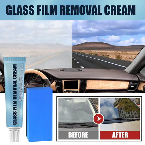 Blue car glass oil film remover and soft sponge brush for windshield cleaning