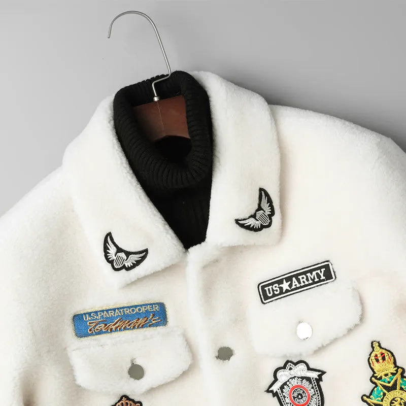 Men's 100% wool grain lamb fur jacket with animal pattern in white or black, sizes M to 5XL