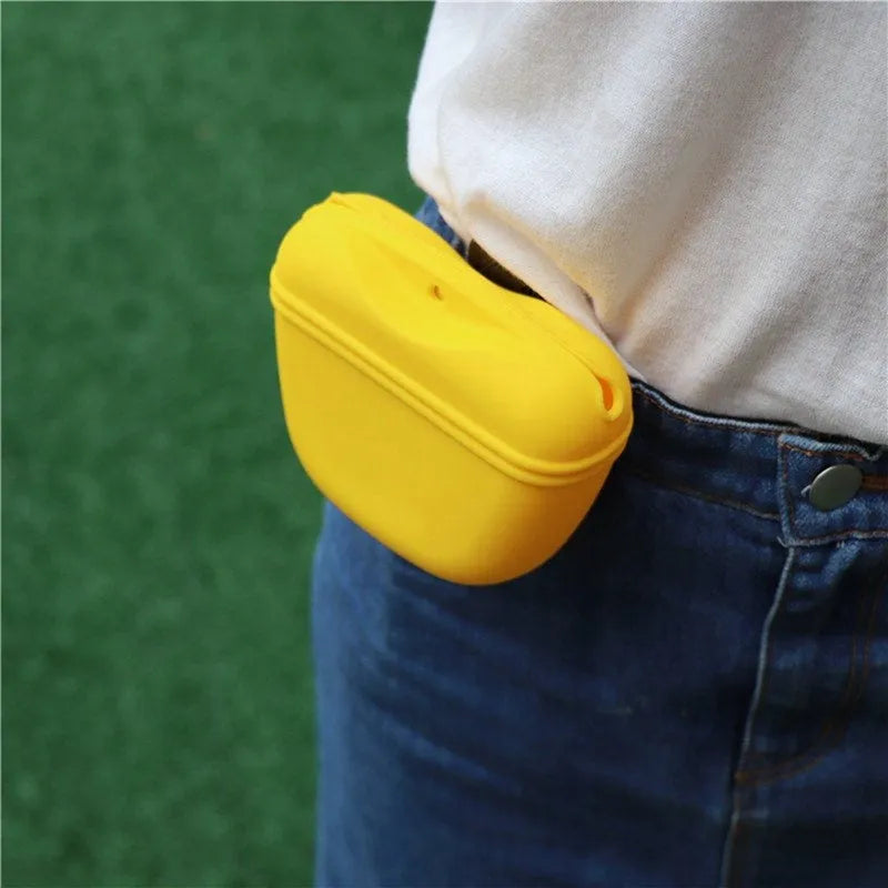 Silicone dog treat bag with belt clip shown in multiple colours