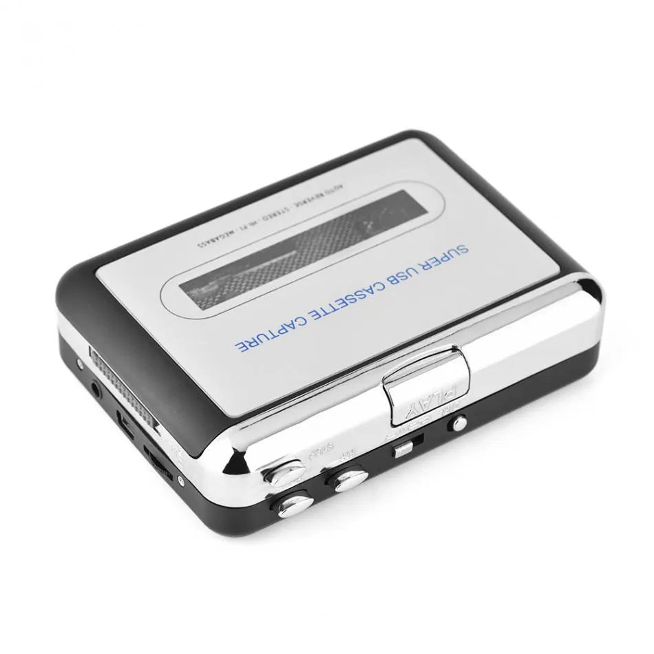 Silver USB cassette tape to MP3 digital converter unit with USB cable on a white background.