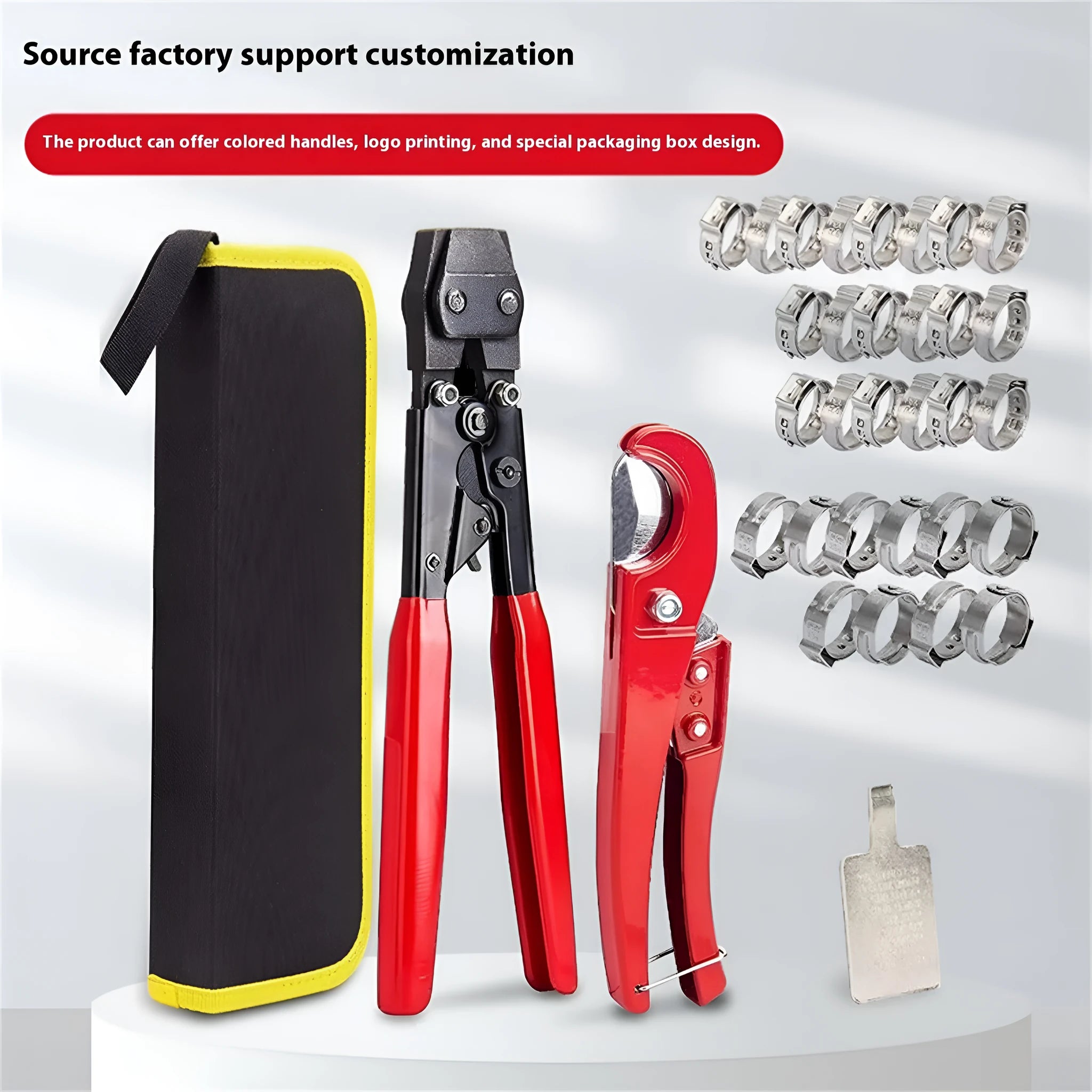 Red cloth style single-ear metal PEX pipe clamp with carbon steel cutting edge.