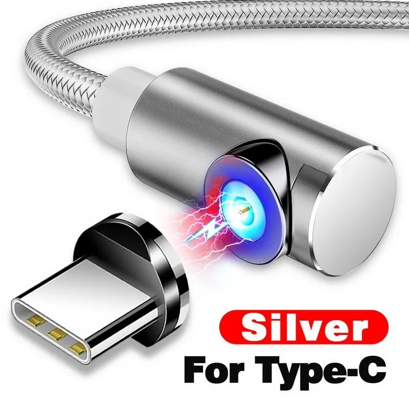 Black magnetic USB charging cable with aluminium connectors for Micro USB, Type C, and Lightning phones.