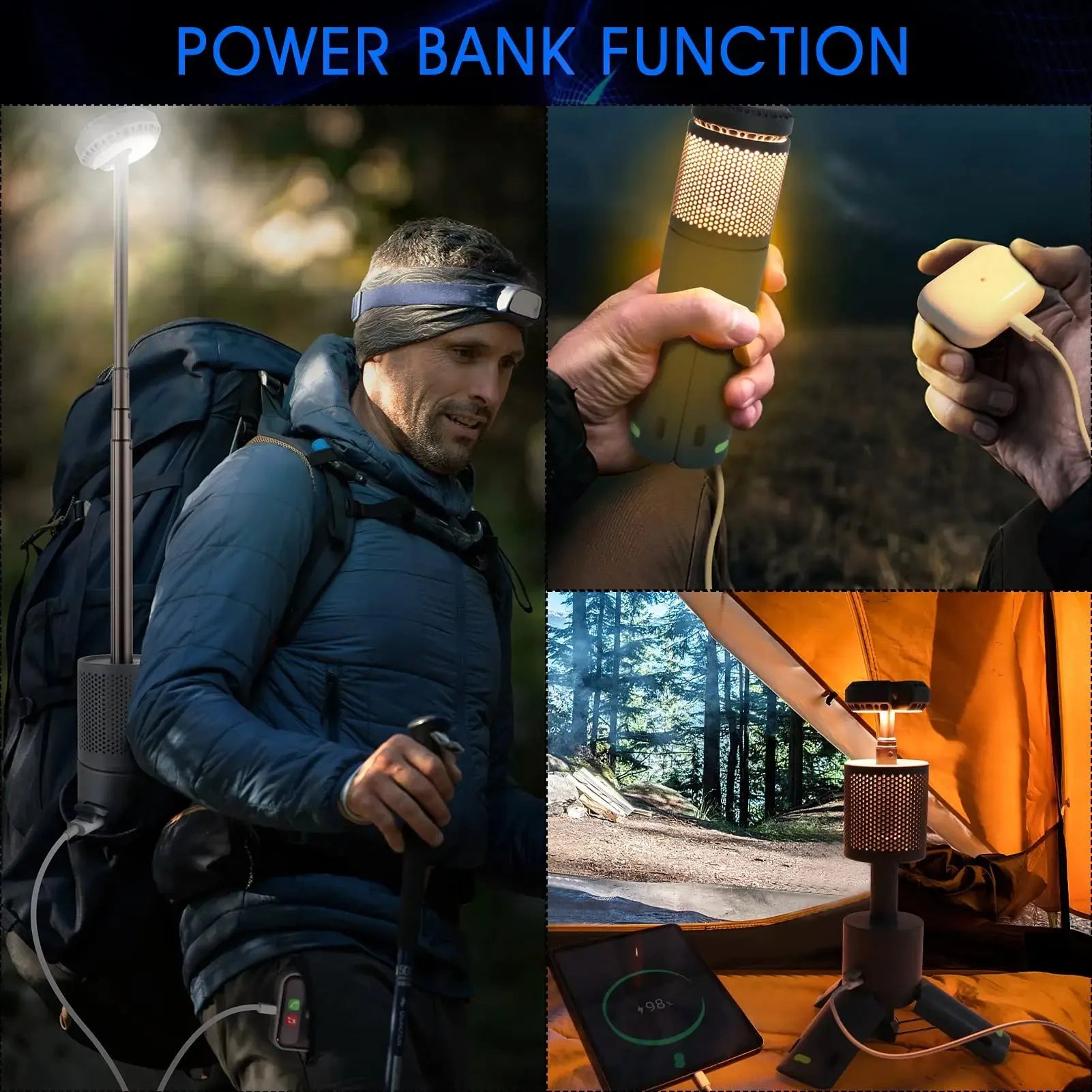 Portable LED camping lantern in off white and dark grey colour options with button switch