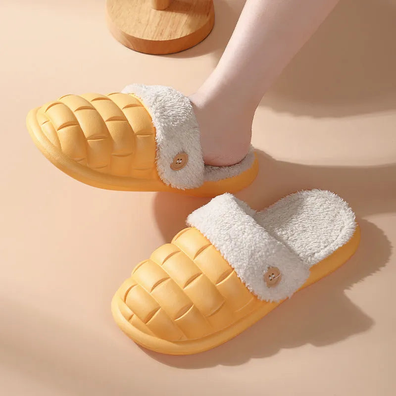 Pink and green detachable EVA slippers with plush lining and a textured sole.