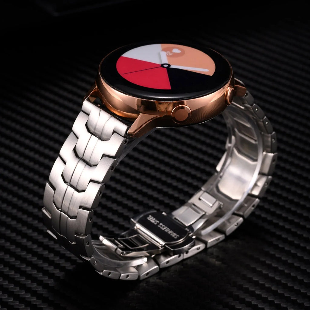 Stainless steel Samsung watch replacement band in silver colour with universal 20mm or 22mm sizing