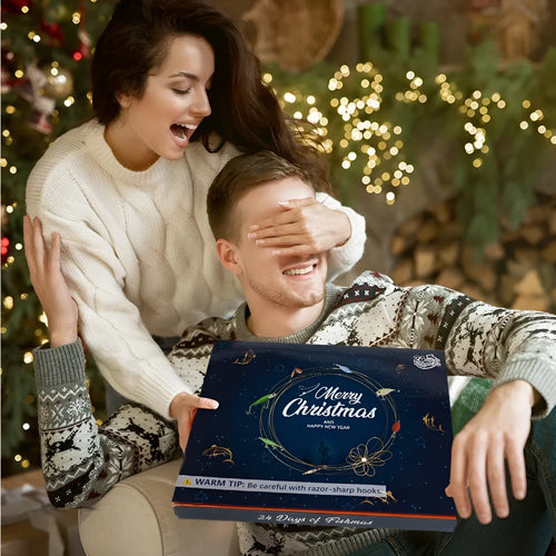 Closed blind box containing the 24-piece Mino Bog metal fishing lure and hook set on a rustic background.