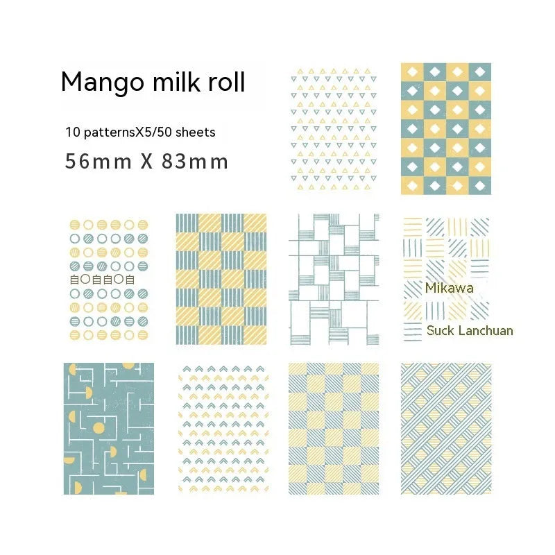 50-piece pack of retro collage dessert-themed note paper in ten colours, size 56mm by 83mm.