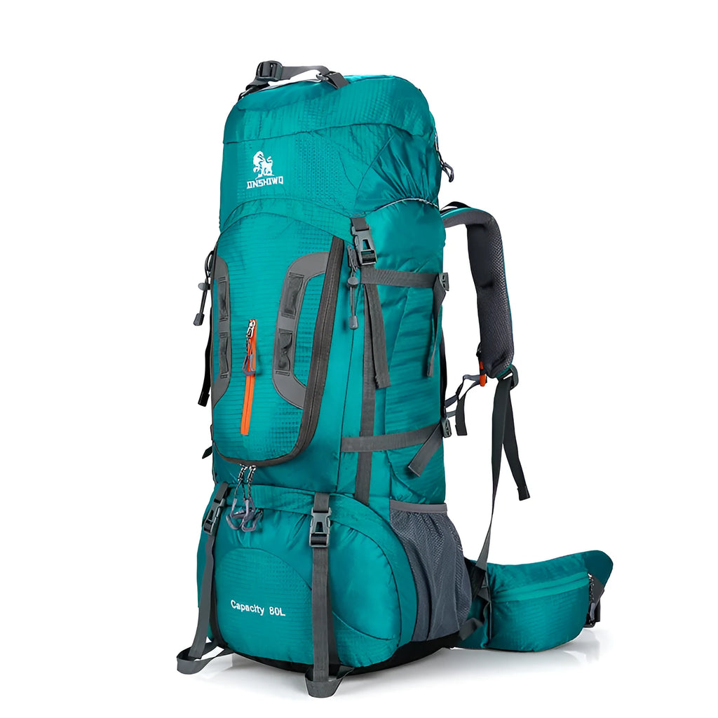 Large nylon backpack 56-75L with zip opening, inner zip pocket and soft-surface construction in blue black.