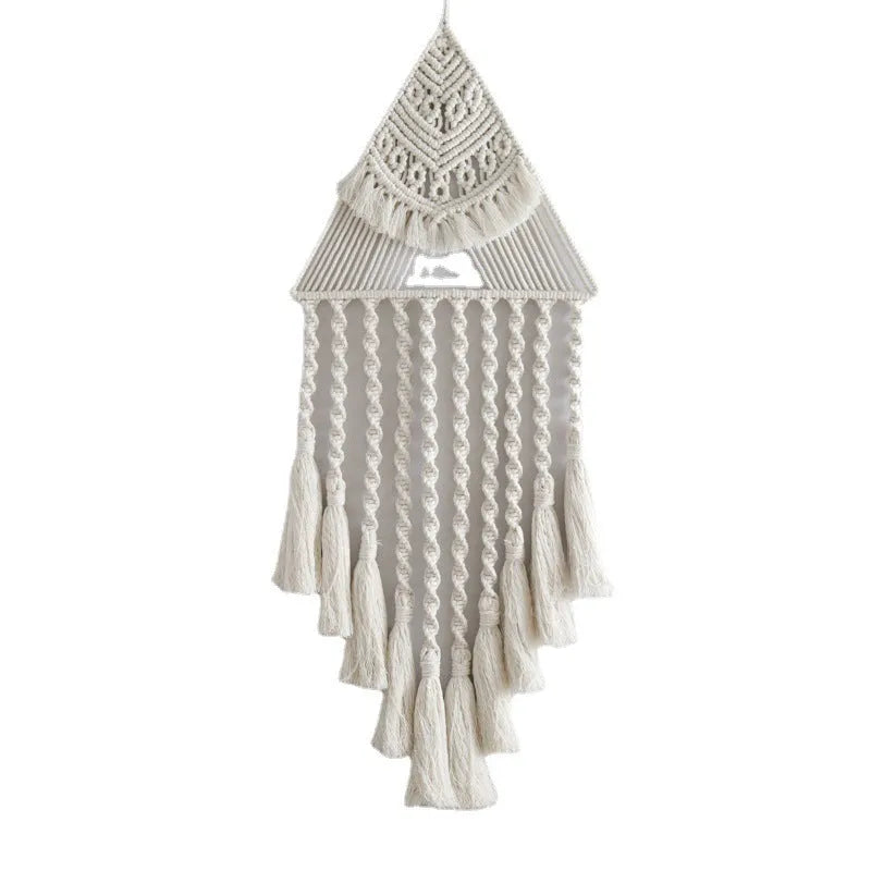 Handwoven triangle dream catcher pendant with cotton thread, iron ring, wooden beads, and tassel in white brown or grey 29x45x72cm