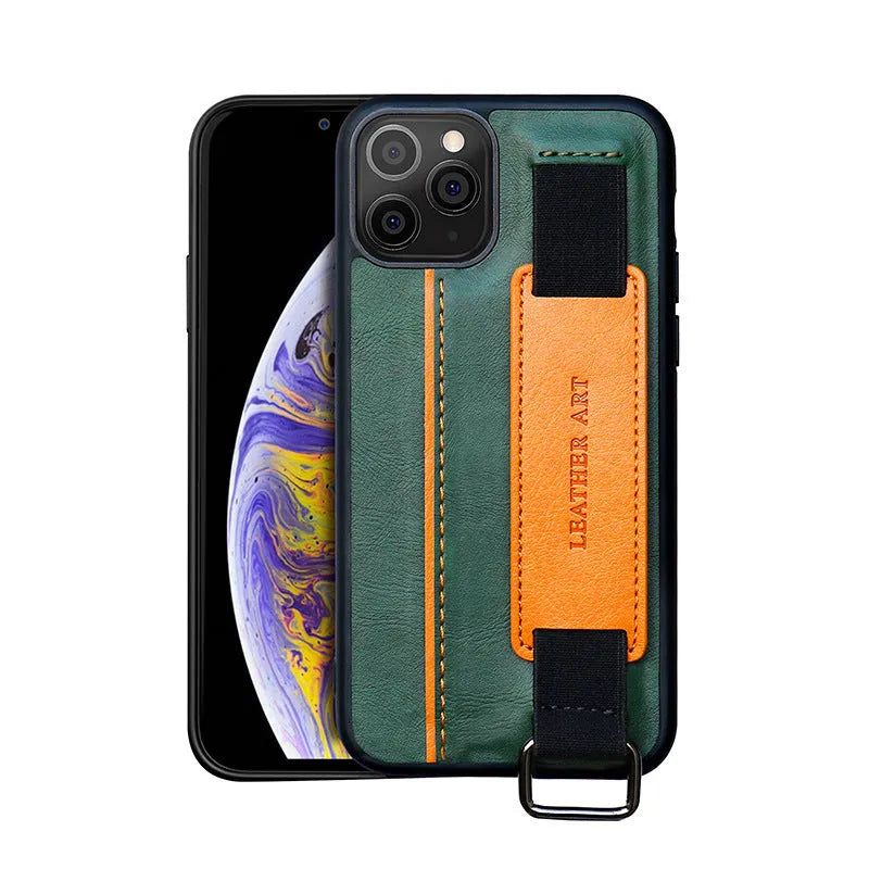 Brown imitation leather iPhone case with a wrist strap, showing decorative stripes and stitching.