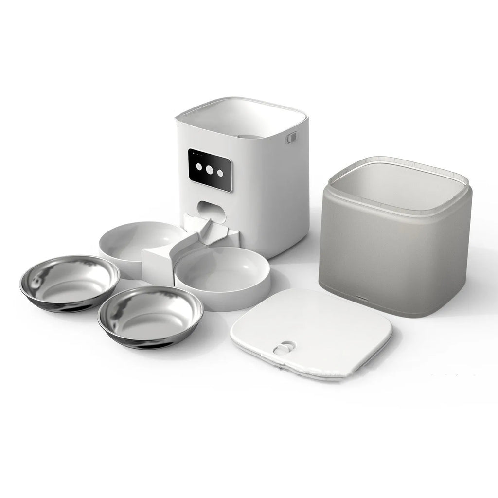 White 6-litre WiFi automatic pet feeder with adjustable dual feeding tray and power adapter for dogs and cats