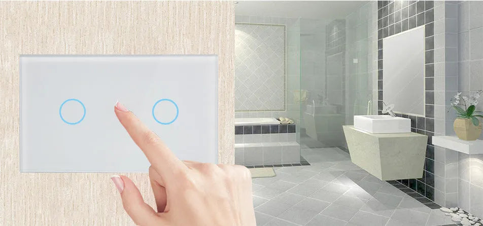 A white 2-gang touch light switch with a tempered glass panel and blue LED indicator light.