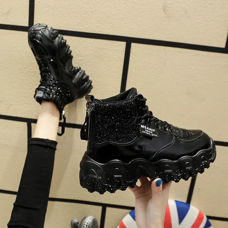 Big wavy snowflake daddy shoes with sequins, cross ties, rhinestones, sponge cake heel, waterproof platform, round toe, solid colour