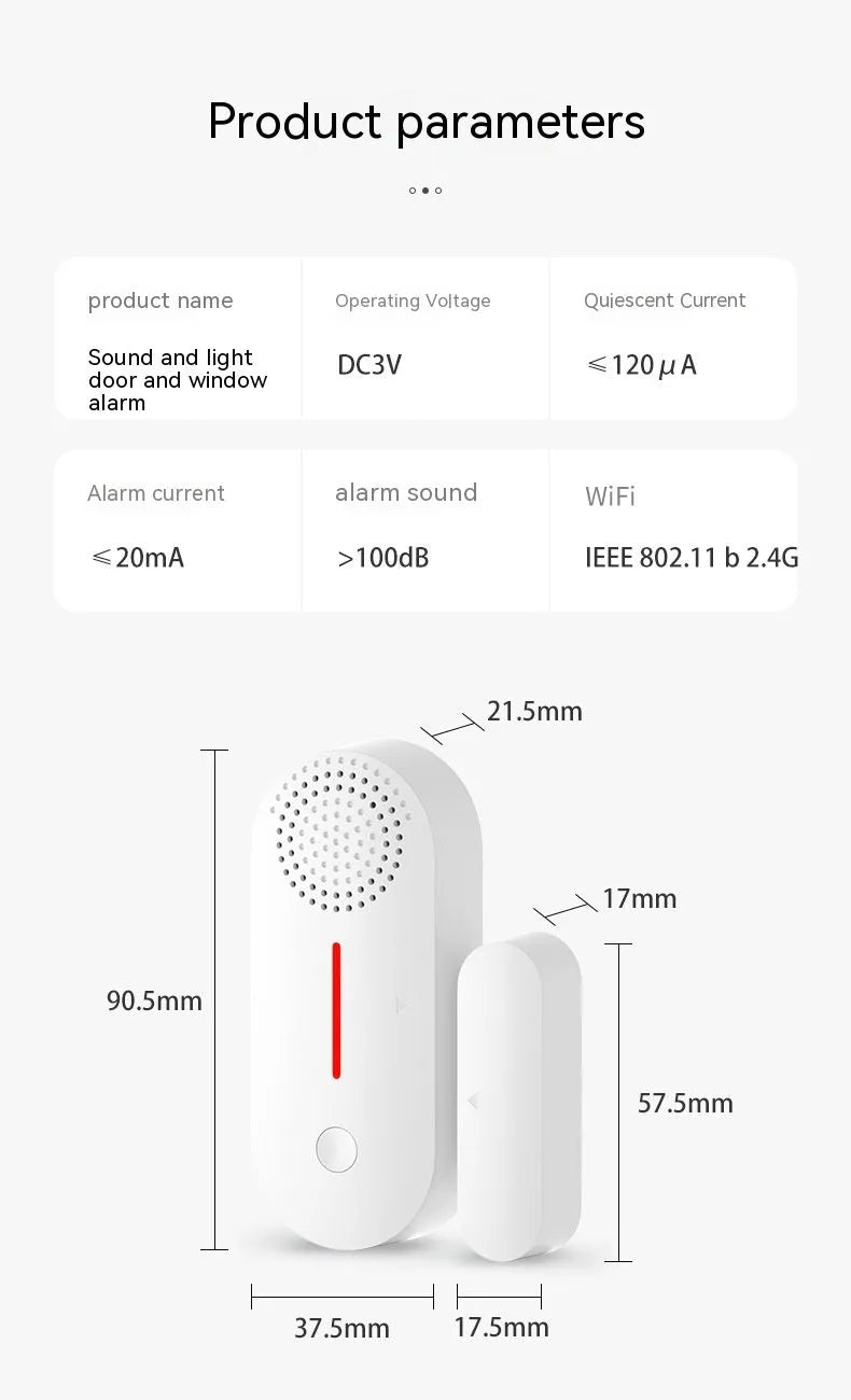 WiFi door magnetic sensor alarm with sound and light alerts for smart home security