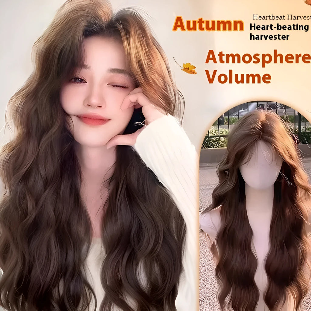 Full-head long curly artificial hair wig with side bangs in brown colour options