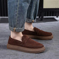 Men's retro handmade stitching casual shoes in brown, black, or apricot with cowhide upper and flat heel.