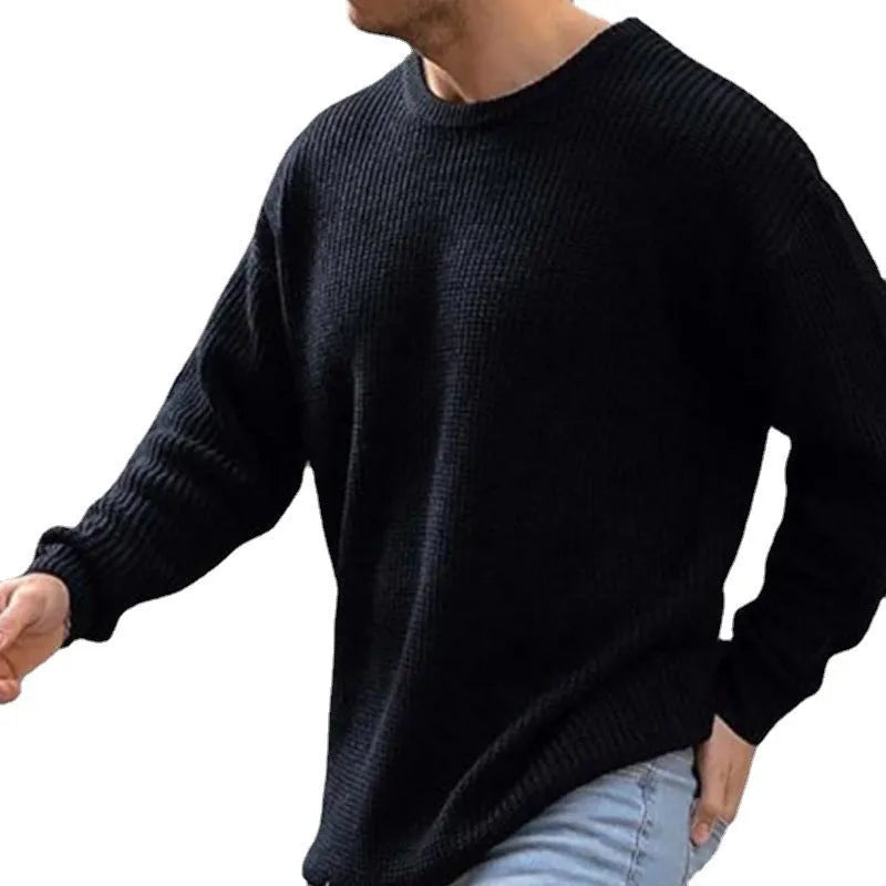 Men's acrylic knit sweater solid colour round neck long sleeve in white on model