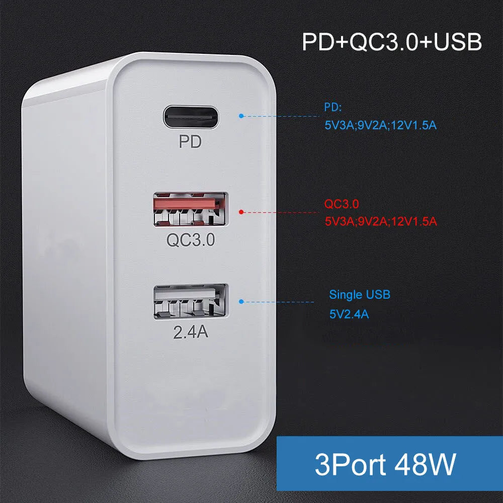 A white or black multi-port USB fast charger with PD and QC ports on a table.