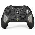Black wireless game controller with leather-texture grips on ABS plastic shell, showing type-C port.