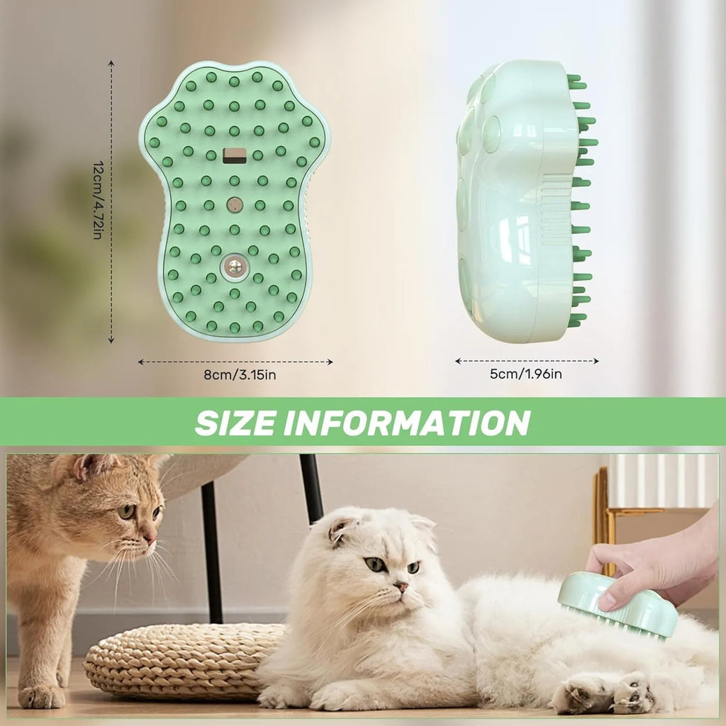 Blue self-cleaning cat steam brush with silicone bristles and rechargeable spray tank
