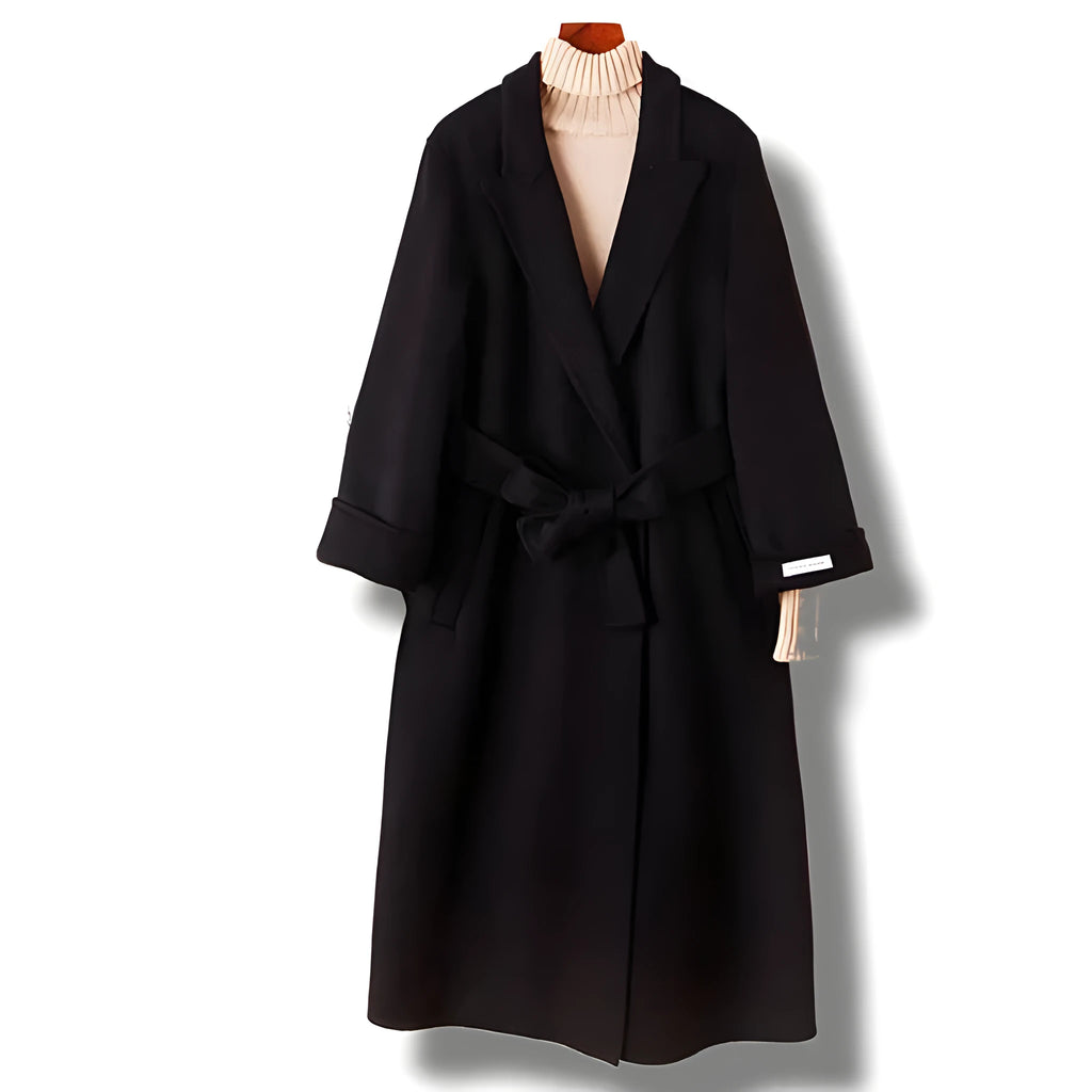 Long men's wool blend overcoat with a suit collar in caramel colour on a hanger.