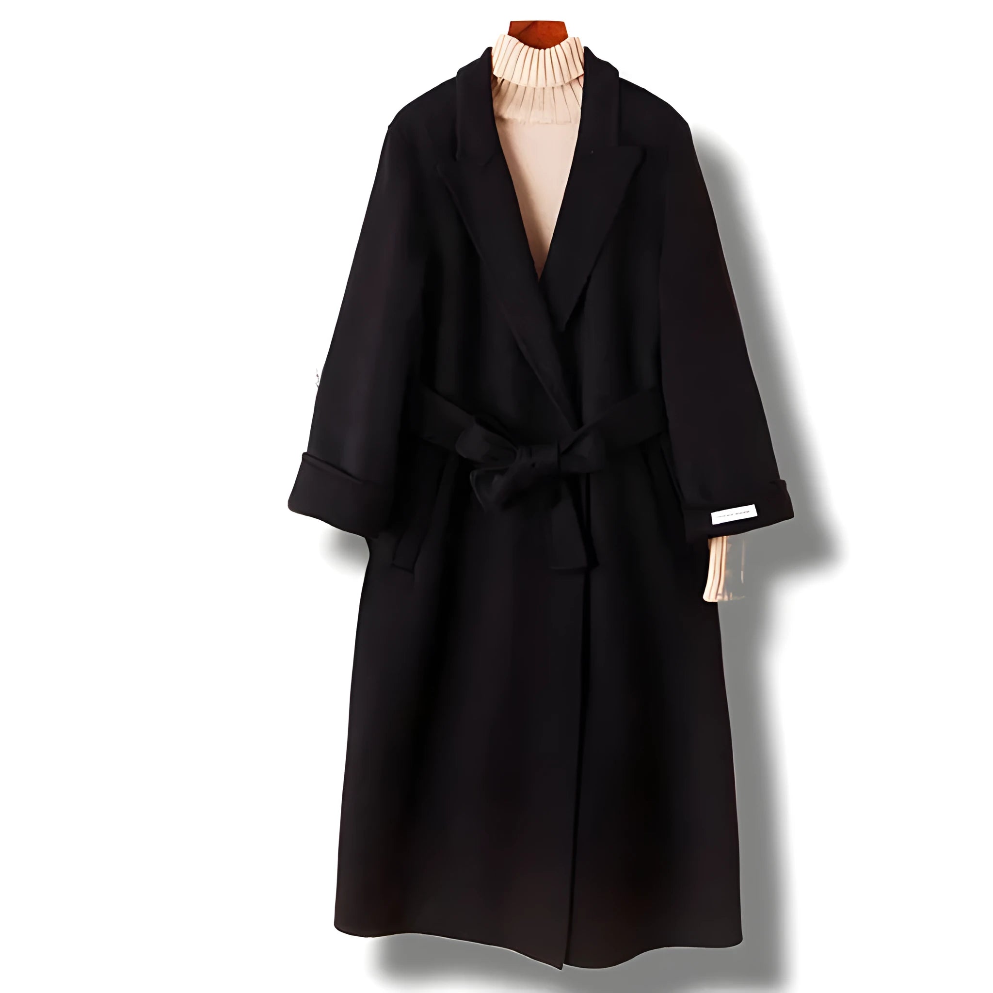 Long men's wool blend overcoat with a suit collar in caramel colour on a hanger.