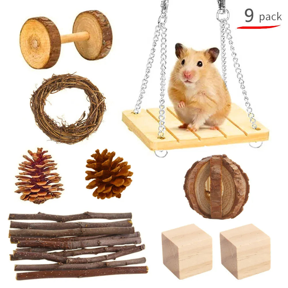 Wooden toy combination set for rabbits, guinea pigs, and parrots with straw mattress and natural material balls