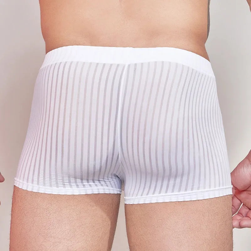 Men's thin striped underwear in black, laid flat showing Free Size fit and nylon fabric texture.