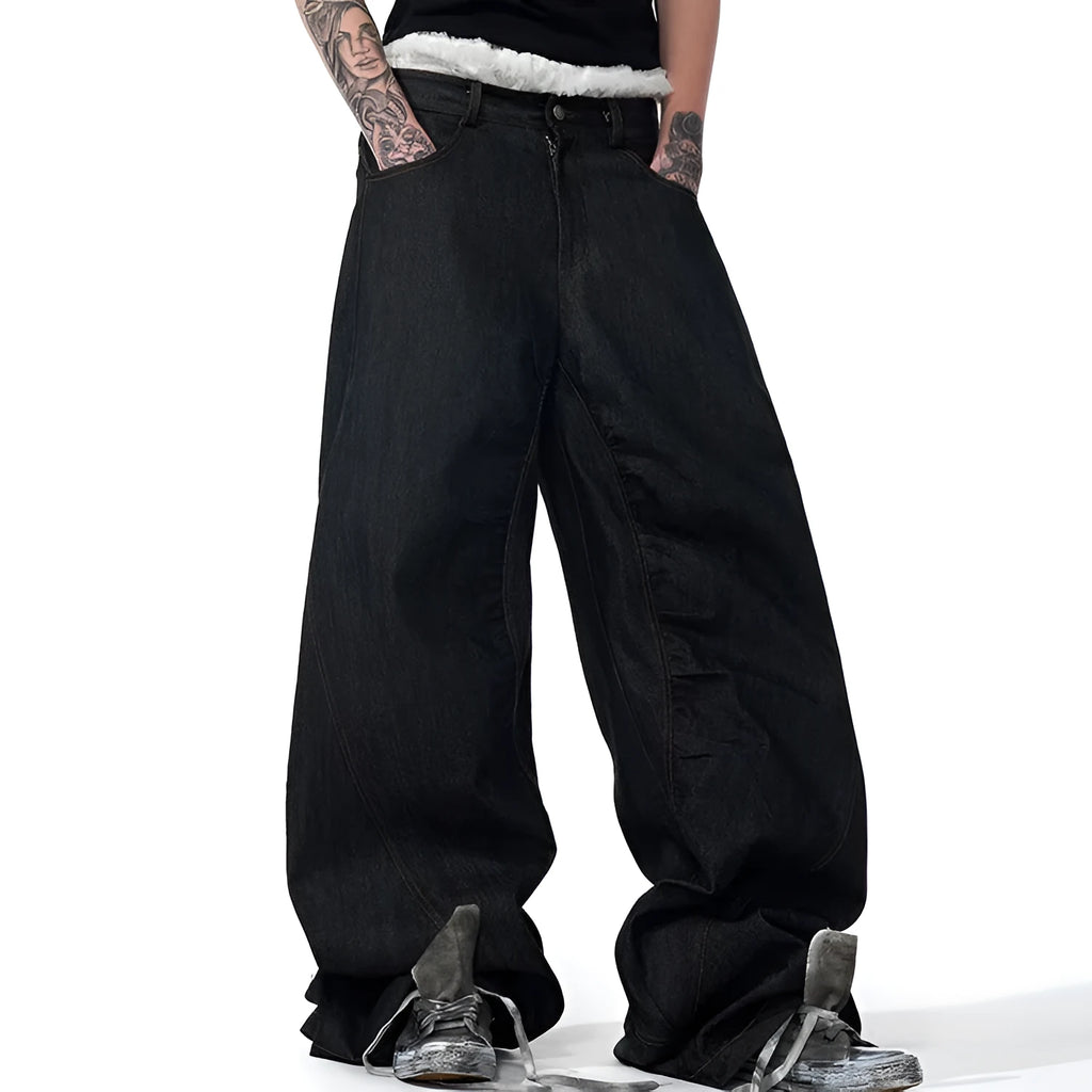 Black wide-leg straight jeans with temperature-sensitive colour-changing embroidery on the leg