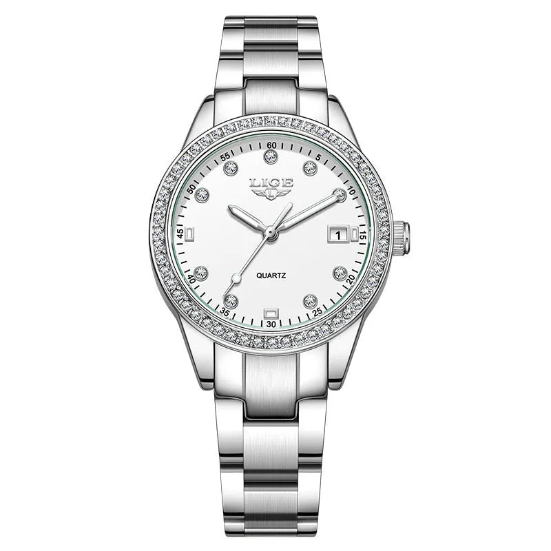 Silver Fashion Girl watch with round diamond-encrusted dial on stainless steel strap, showing luminous hands.