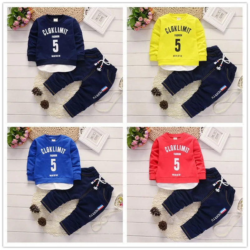 Boys autumn clothes set with long sleeve cotton top and trousers in red or royal blue, sizes 80-110cm